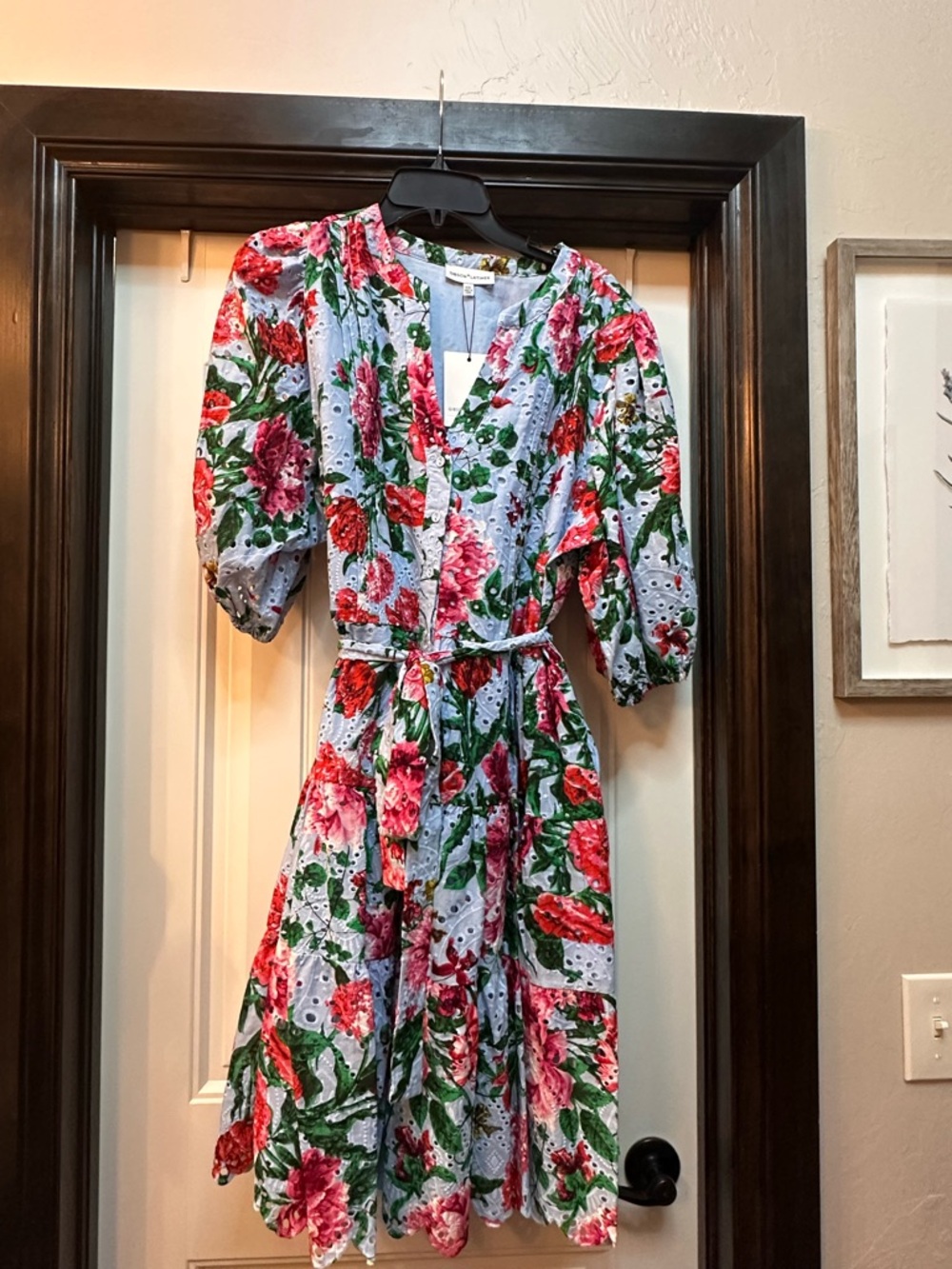 Gibson Latimer Light Blue Eyelet Midi Dress with Pink & Green Floral Print